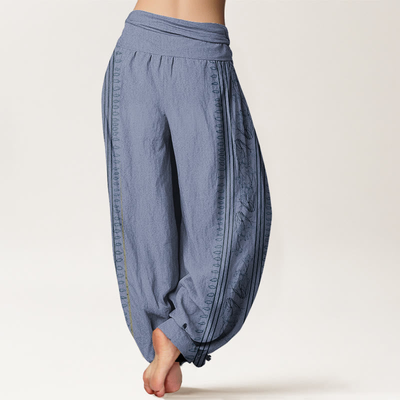 Pantalones bombachos de cintura elástica para mujer con estampado de Buddha Stones, rueda del Dharma, loto y símbolo OM. - image 2