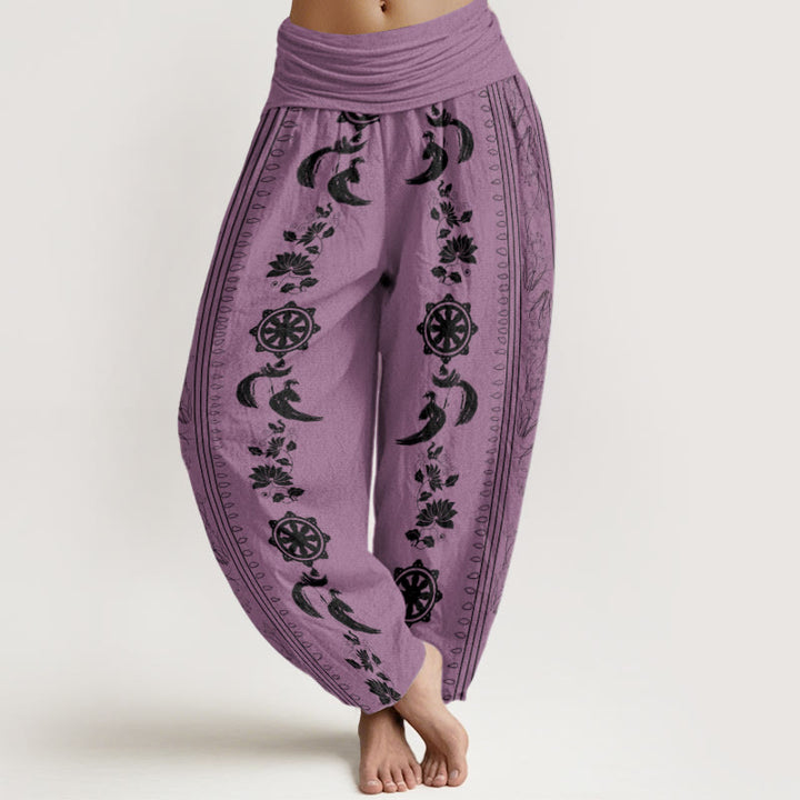 Pantalones bombachos de cintura elástica para mujer con estampado de Buddha Stones, rueda del Dharma, loto y símbolo OM. - Ciruela - US22，UK/AU26，EU54 (6XL) - image 5