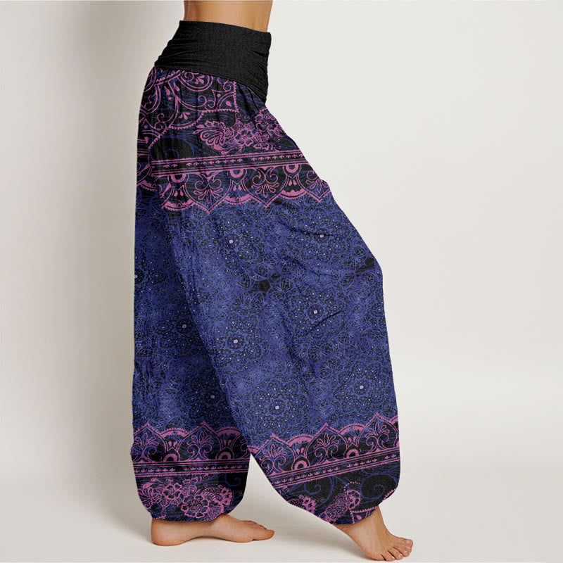 Pantalones harén con cintura elástica para mujer con diseño elegante de flores de mandala y Buddha Stones