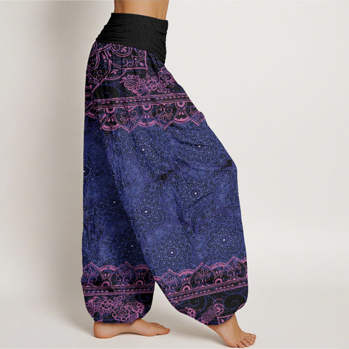 Pantalones harén con cintura elástica para mujer con diseño elegante de flores de mandala y Buddha Stones