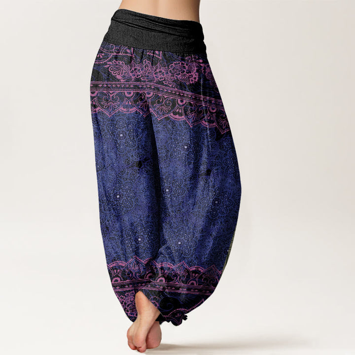 Pantalones harén con cintura elástica para mujer con diseño elegante de flores de mandala y Buddha Stones