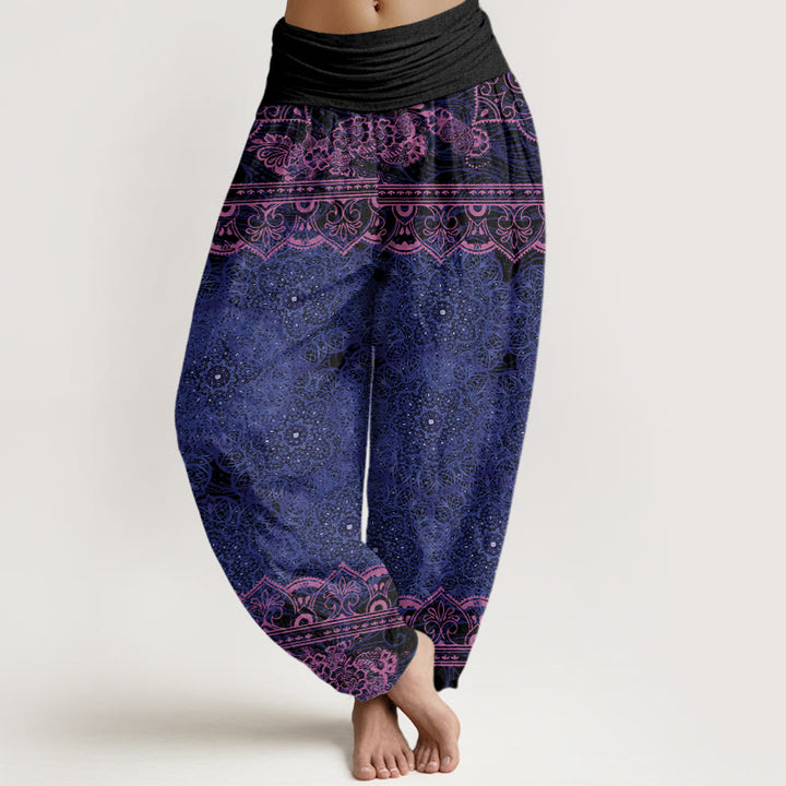 Pantalones harén con cintura elástica para mujer con diseño elegante de flores de mandala y Buddha Stones