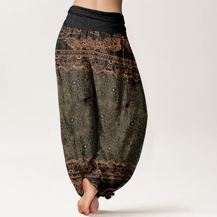 Pantalones harén con cintura elástica para mujer con diseño elegante de flores de mandala y Buddha Stones