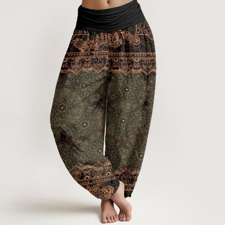 Pantalones harén con cintura elástica para mujer con diseño elegante de flores de mandala y Buddha Stones