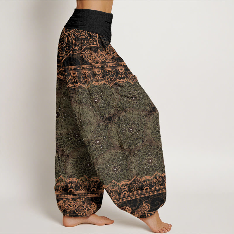 Pantalones harén con cintura elástica para mujer con diseño elegante de flores de mandala y Buddha Stones