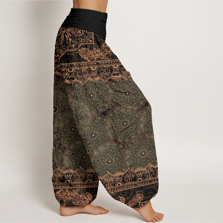Pantalones harén con cintura elástica para mujer con diseño elegante de flores de mandala y Buddha Stones