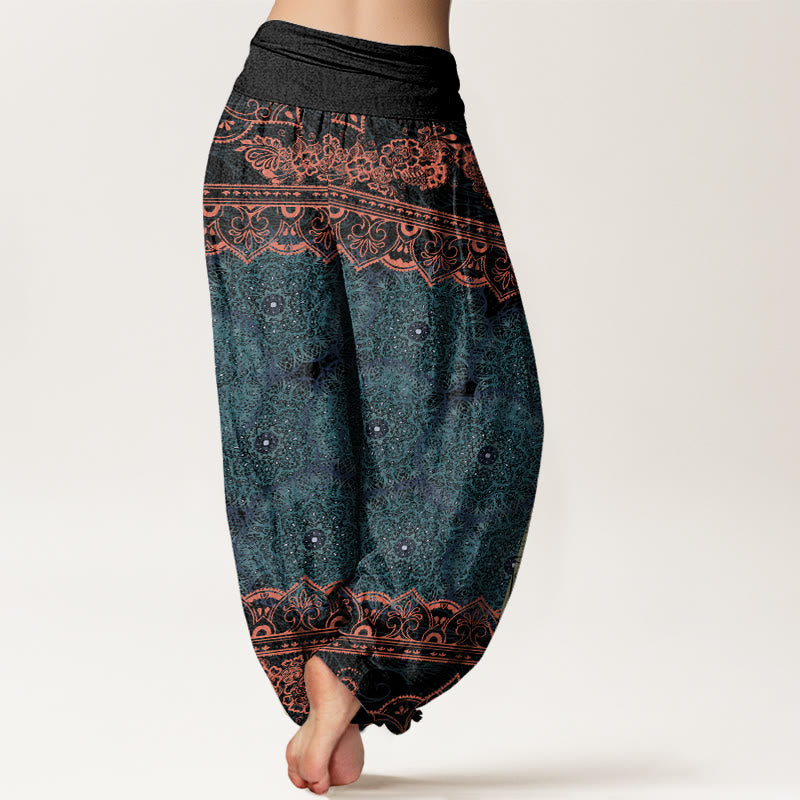 Pantalones harén con cintura elástica para mujer con diseño elegante de flores de mandala y Buddha Stones