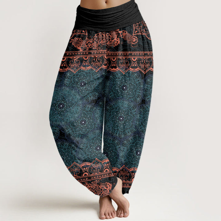 Pantalones harén con cintura elástica para mujer con diseño elegante de flores de mandala y Buddha Stones