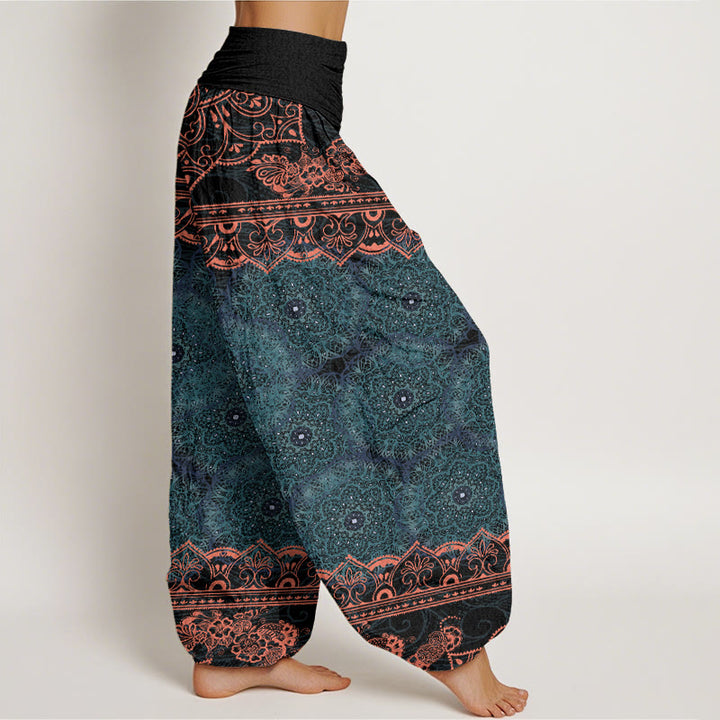 Pantalones harén con cintura elástica para mujer con diseño elegante de flores de mandala y Buddha Stones