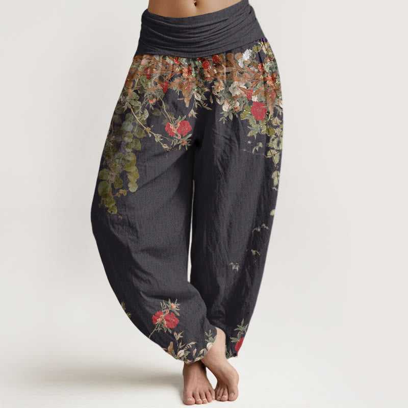 Pantalones harén con cintura elástica para mujer, diseño informal de peonías rojas y flores de Buddha Stones - Negro - US22，UK/AU26，EU54 (6XL) - image 1