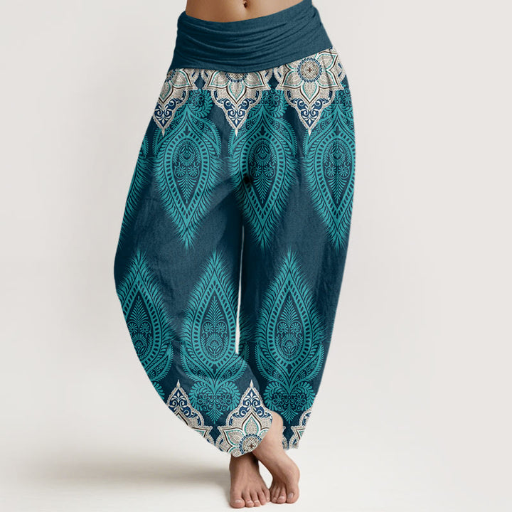 Pantalones bombachos de cintura elástica para mujer, de algodón, con diseño informal de flores y plumas, estampado de Buddha Stones. - Turquesa oscuro - US22，UK/AU26，EU54 (6XL) - image 0