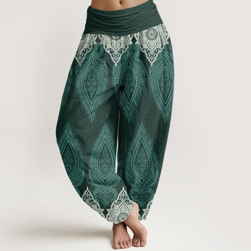 Pantalones bombachos de cintura elástica para mujer, de algodón, con diseño informal de flores y plumas, estampado de Buddha Stones. - Azul cadete - US22，UK/AU26，EU54 (6XL) - image 4
