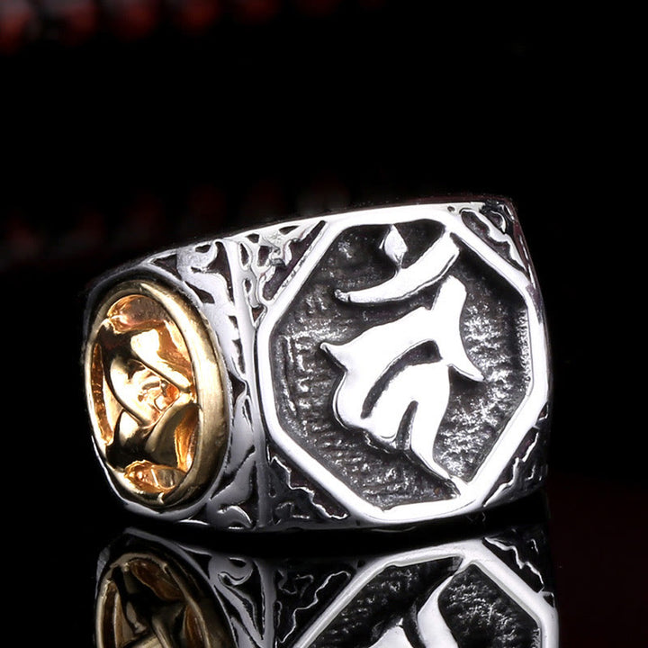 Anillo de equilibrio sánscrito con signo de espada de mano de saludo de acero de titanio tibetano con Buddha Stones