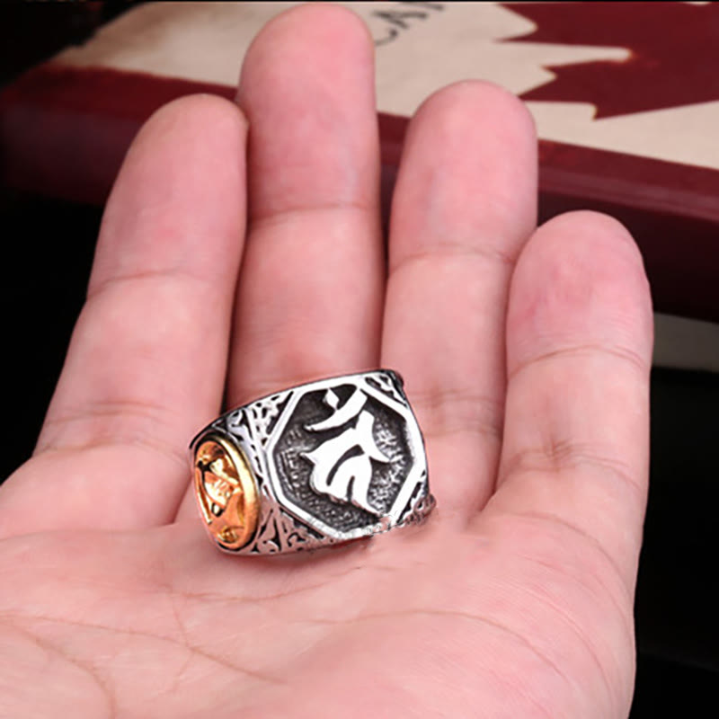 Anillo de equilibrio sánscrito con signo de espada de mano de saludo de acero de titanio tibetano con Buddha Stones