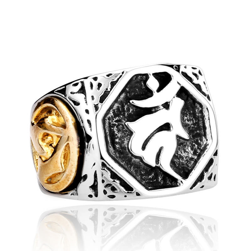 Anillo de equilibrio sánscrito con signo de espada de mano de saludo de acero de titanio tibetano con Buddha Stones