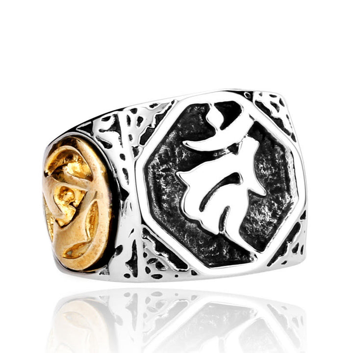 Anillo de equilibrio sánscrito con signo de espada de mano de saludo de acero de titanio tibetano con Buddha Stones