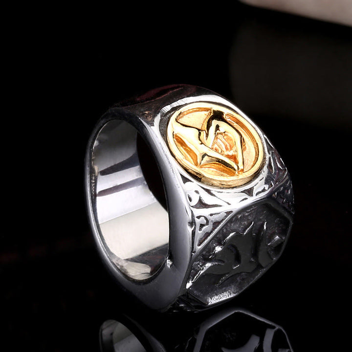 Anillo de equilibrio sánscrito con signo de espada de mano de saludo de acero de titanio tibetano con Buddha Stones