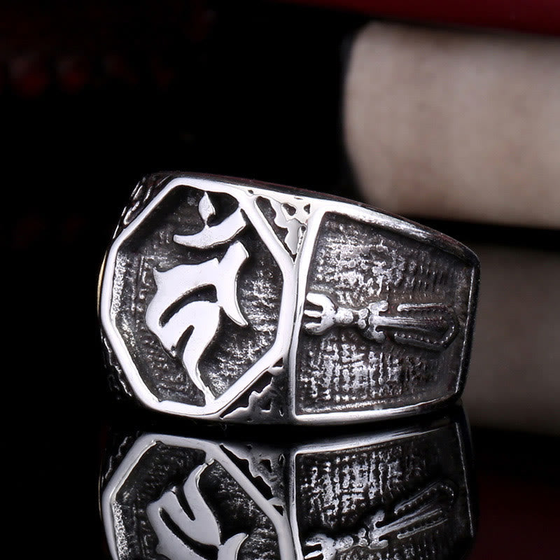 Anillo de equilibrio sánscrito con signo de espada de mano de saludo de acero de titanio tibetano con Buddha Stones