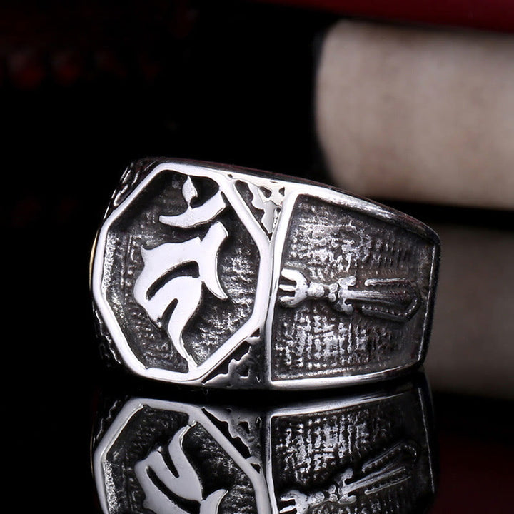 Anillo de equilibrio sánscrito con signo de espada de mano de saludo de acero de titanio tibetano con Buddha Stones