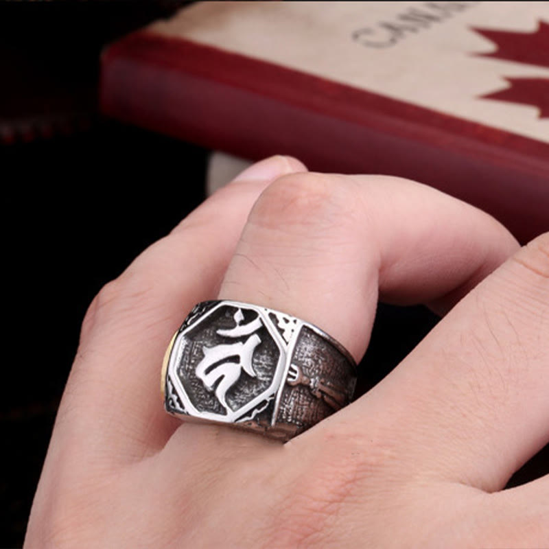 Anillo de equilibrio sánscrito con signo de espada de mano de saludo de acero de titanio tibetano con Buddha Stones