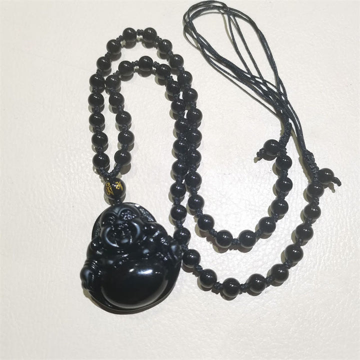 Buda Piedras Natural Obsidiana Negra Hielo Obsidiana Buda Risueño Colgante de Purificación Collar