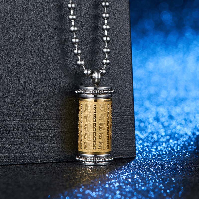 Collar con colgante de equilibrio con forma de rueda de oración de acero de titanio y Buddha Stones