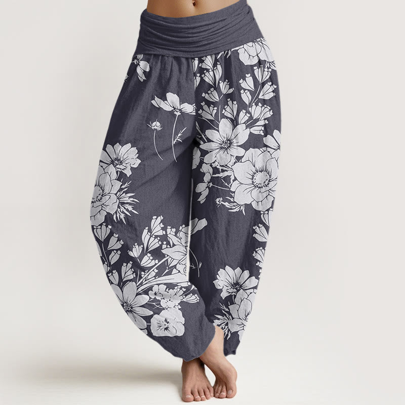 Pantalones harén con cintura elástica para mujer, informales, con diseño de flores de peonía y hojas de Buddha Stones - Gris pizarra - US22，UK/AU26，EU54 (6XL) - image 0