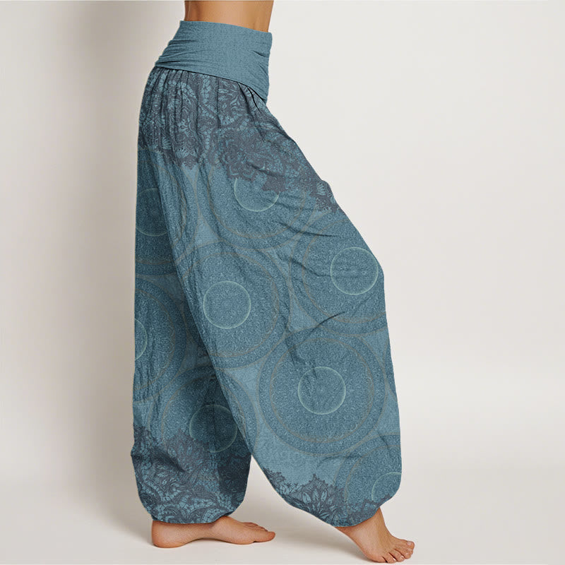 Pantalones harén con cintura elástica para mujer, diseño informal de flores y brújula con Buddha Stones - image 2
