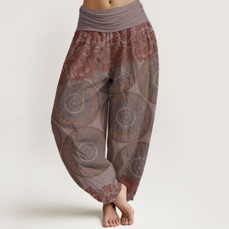 Pantalones harén con cintura elástica para mujer, diseño informal de flores y brújula con Buddha Stones - RosyBrown - US22，UK/AU26，EU54 (6XL) - image 5