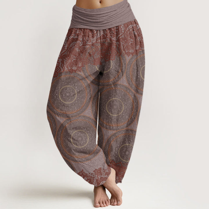 Pantalones harén con cintura elástica para mujer, diseño informal de flores y brújula con Buddha Stones - RosyBrown - US22，UK/AU26，EU54 (6XL) - image 5