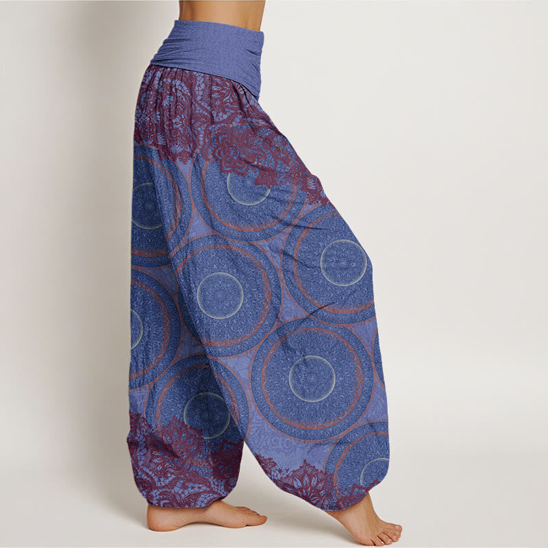 Pantalones harén con cintura elástica para mujer, diseño informal de flores y brújula con Buddha Stones - image 9