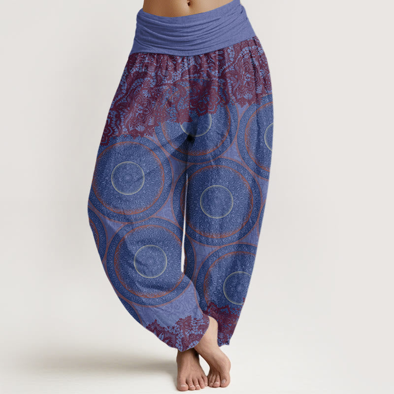 Pantalones harén con cintura elástica para mujer, diseño informal de flores y brújula con Buddha Stones - Azul pizarra medio - US22，UK/AU26，EU54 (6XL) - image 8