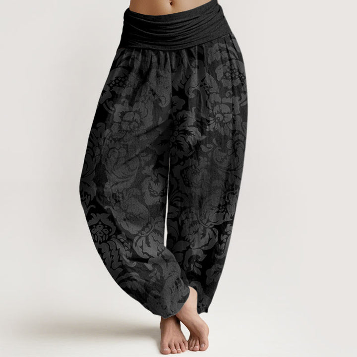 Pantalones harén con cintura elástica para mujer, diseño informal con hojas y flores y piedras de Buddha Stones - Negro - US22，UK/AU26，EU54 (6XL) - image 5