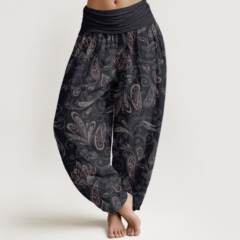 Pantalones bombachos de cintura elástica para mujer, de algodón, con diseño informal de pétalos de flores y Buddha Stones. - Negro - US22，UK/AU26，EU54 (6XL) - image 0