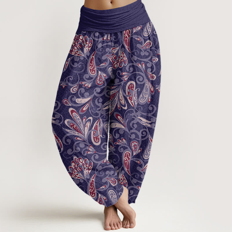 Pantalones harén con cintura elástica para mujer, diseño informal de pétalos de flores y Buddha Stones - Morado medio - US22，UK/AU26，EU54 (6XL) - image 8