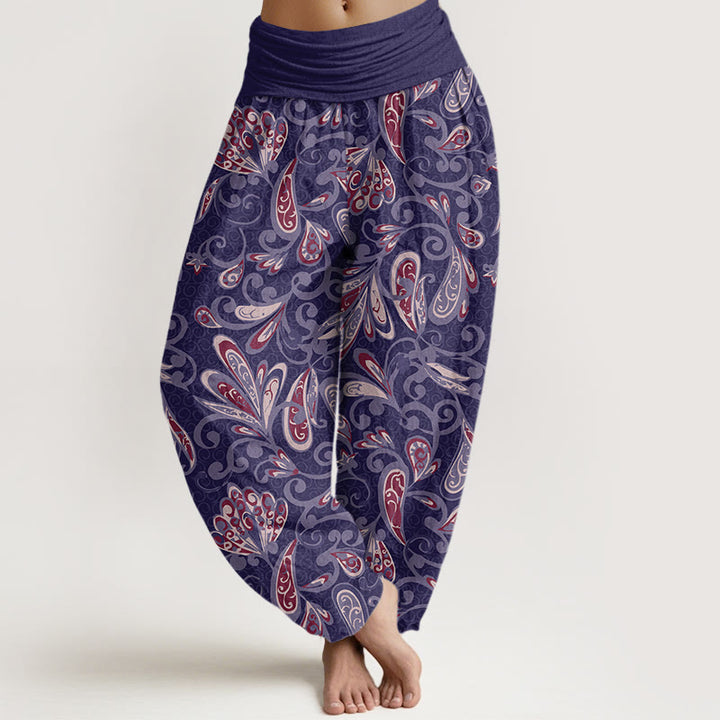 Pantalones harén con cintura elástica para mujer, diseño informal de pétalos de flores y Buddha Stones - Morado medio - US22，UK/AU26，EU54 (6XL) - image 8