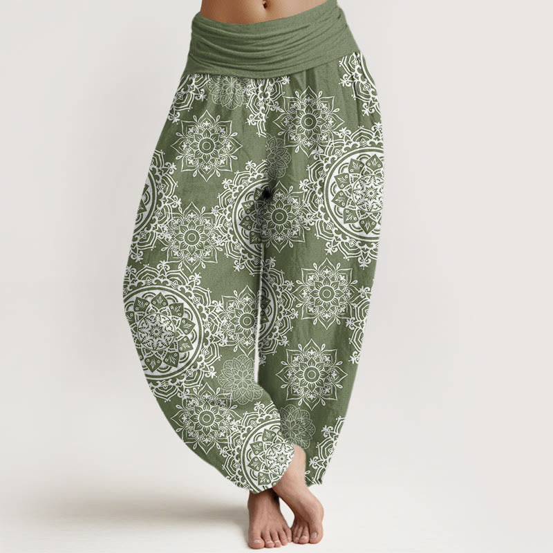 Pantalones harén con cintura elástica para mujer, diseño informal de mandala blanco con piedras de Buddha Stones - Verde mar oscuro - US22，UK/AU26，EU54 (6XL) - image 1