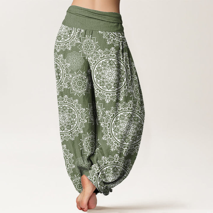 Pantalón tipo harem de cintura elástica para mujer, de algodón blanco con diseño de mandala floral y Buddha Stones. - image 2