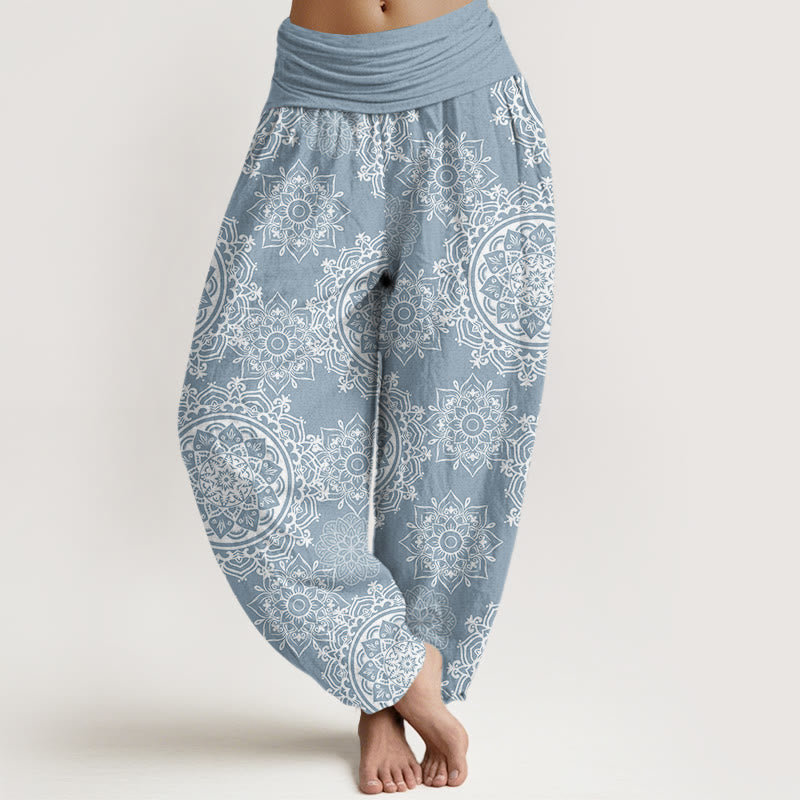 Pantalones harén con cintura elástica para mujer, diseño informal de mandala blanco con piedras de Buddha Stones - Azul claro - US22，UK/AU26，EU54 (6XL) - image 5