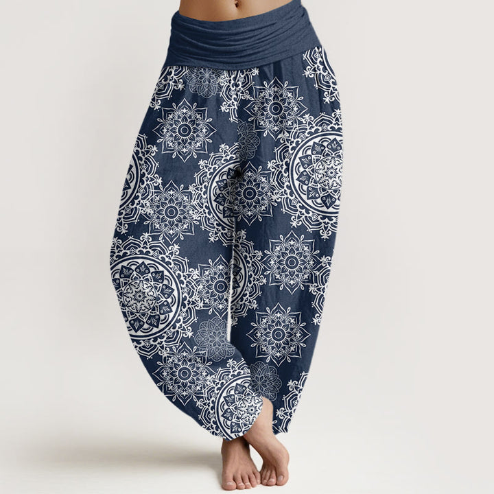 Pantalones harén con cintura elástica para mujer, diseño informal de mandala blanco con piedras de Buddha Stones - Azul acero - US22，UK/AU26，EU54 (6XL) - image 8