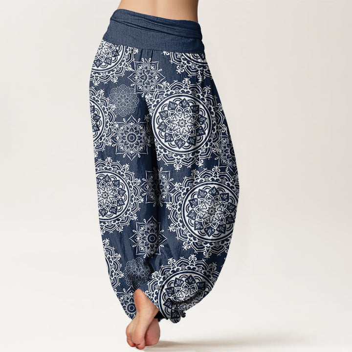 Pantalón tipo harem de cintura elástica para mujer, de algodón blanco con diseño de mandala floral y Buddha Stones. - image 9