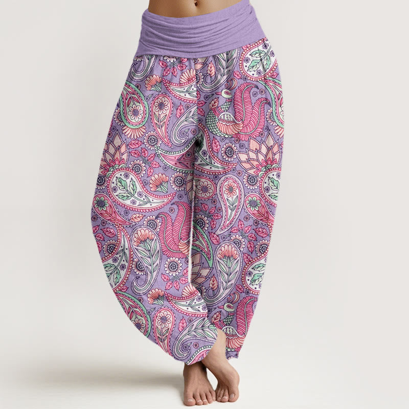 Pantalones harén con cintura elástica para mujer con diseño de flor de anacardo, pavo real y girasol y Buddha Stones - Ciruela - US22，UK/AU26，EU54 (6XL) - image 1
