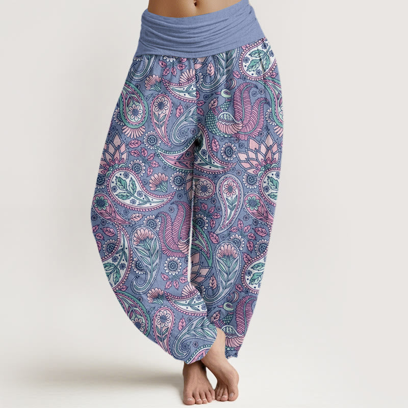 Pantalones harén con cintura elástica para mujer con diseño de flor de anacardo, pavo real y girasol y Buddha Stones - Azul aciano - US22，UK/AU26，EU54 (6XL) - image 8