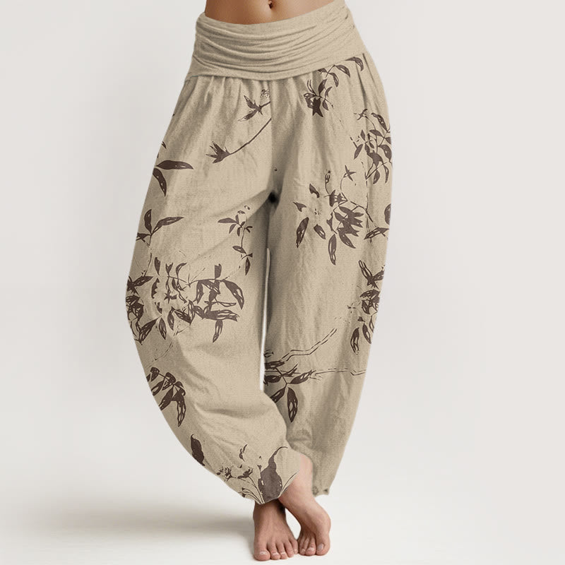 Pantalones harén con cintura elástica para mujer con estampado de ramas de Buddha Stones - Caqui - US22，UK/AU26，EU54 (6XL) - image 1