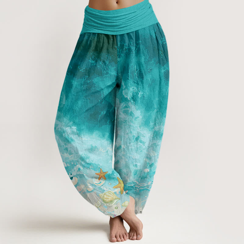Pantalones harén con cintura elástica para mujer con estampado de vastos océanos y Buddha Stones