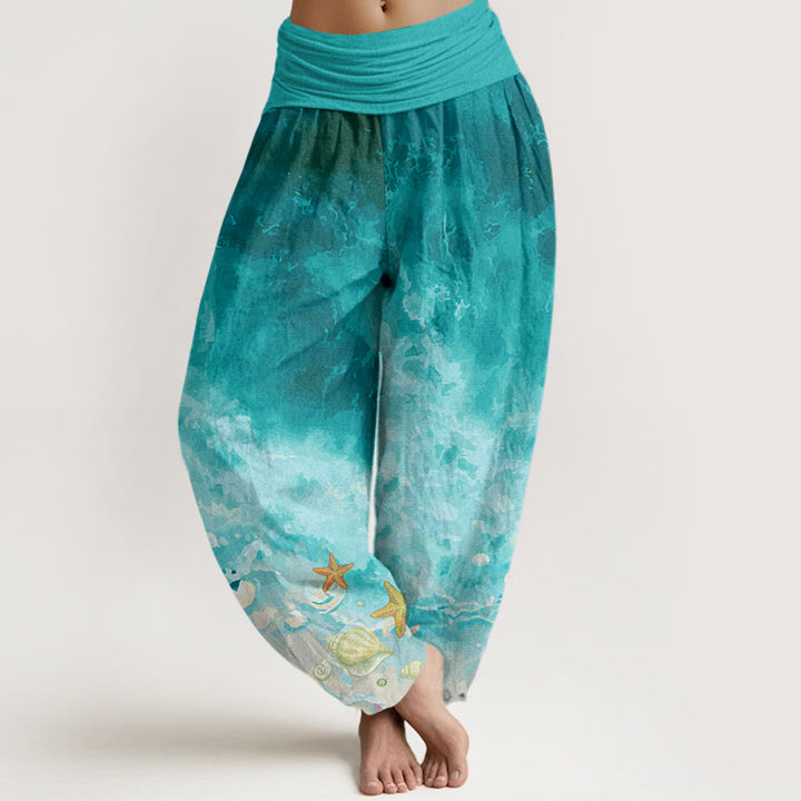 Pantalones harén con cintura elástica para mujer con estampado de vastos océanos y Buddha Stones