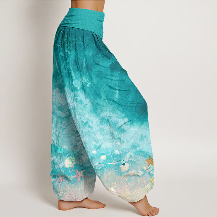 Pantalones harén con cintura elástica para mujer con estampado de vastos océanos y Buddha Stones
