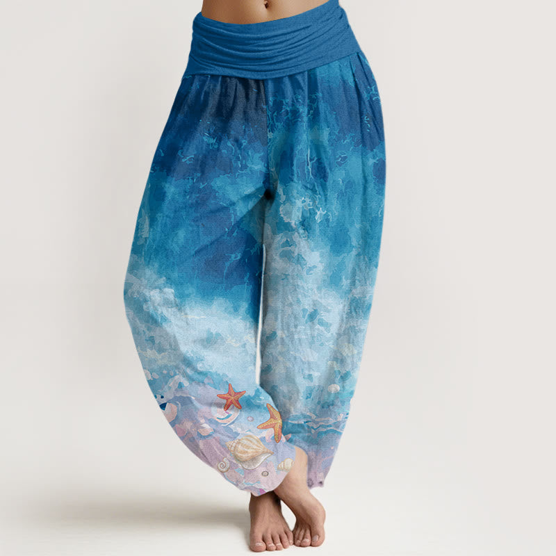 Pantalones harén con cintura elástica para mujer con estampado de vastos océanos y Buddha Stones
