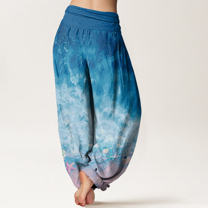 Pantalones harén con cintura elástica para mujer con estampado de vastos océanos y Buddha Stones