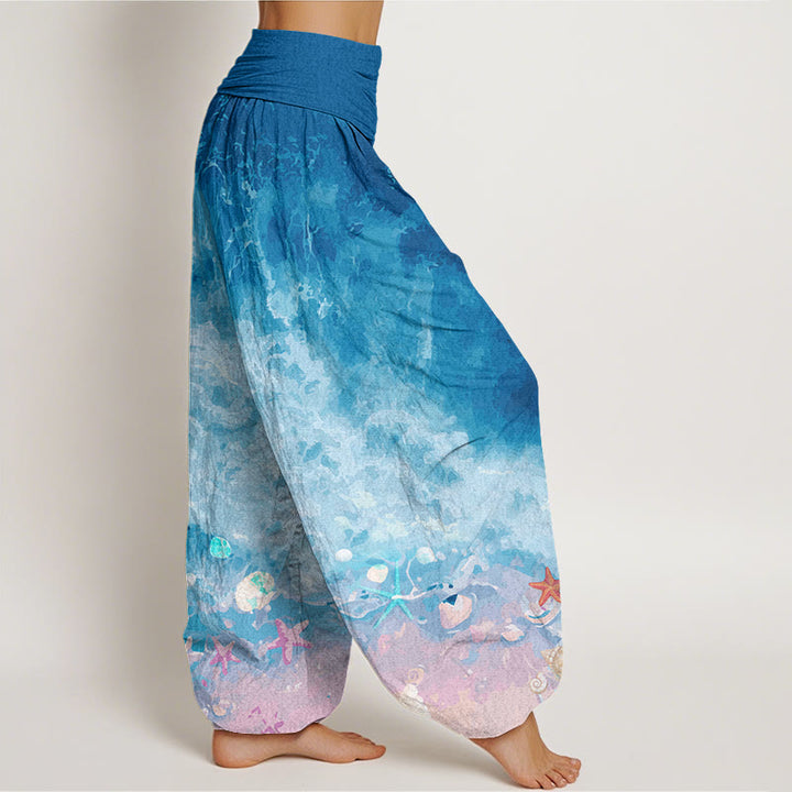 Pantalones harén con cintura elástica para mujer con estampado de vastos océanos y Buddha Stones